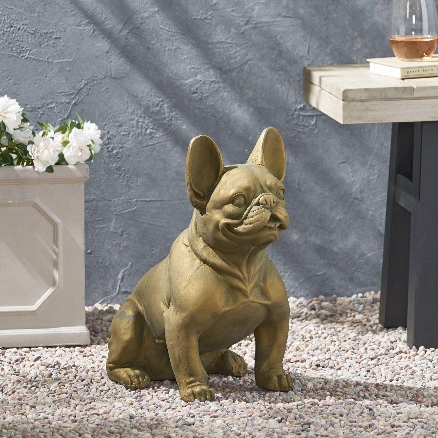 DOG GARDEN SCULPTURE, Outdoor French Bulldog Garden Statue, Rustic Gold, No Assembly Required SolidRoot Buy Furniture USA