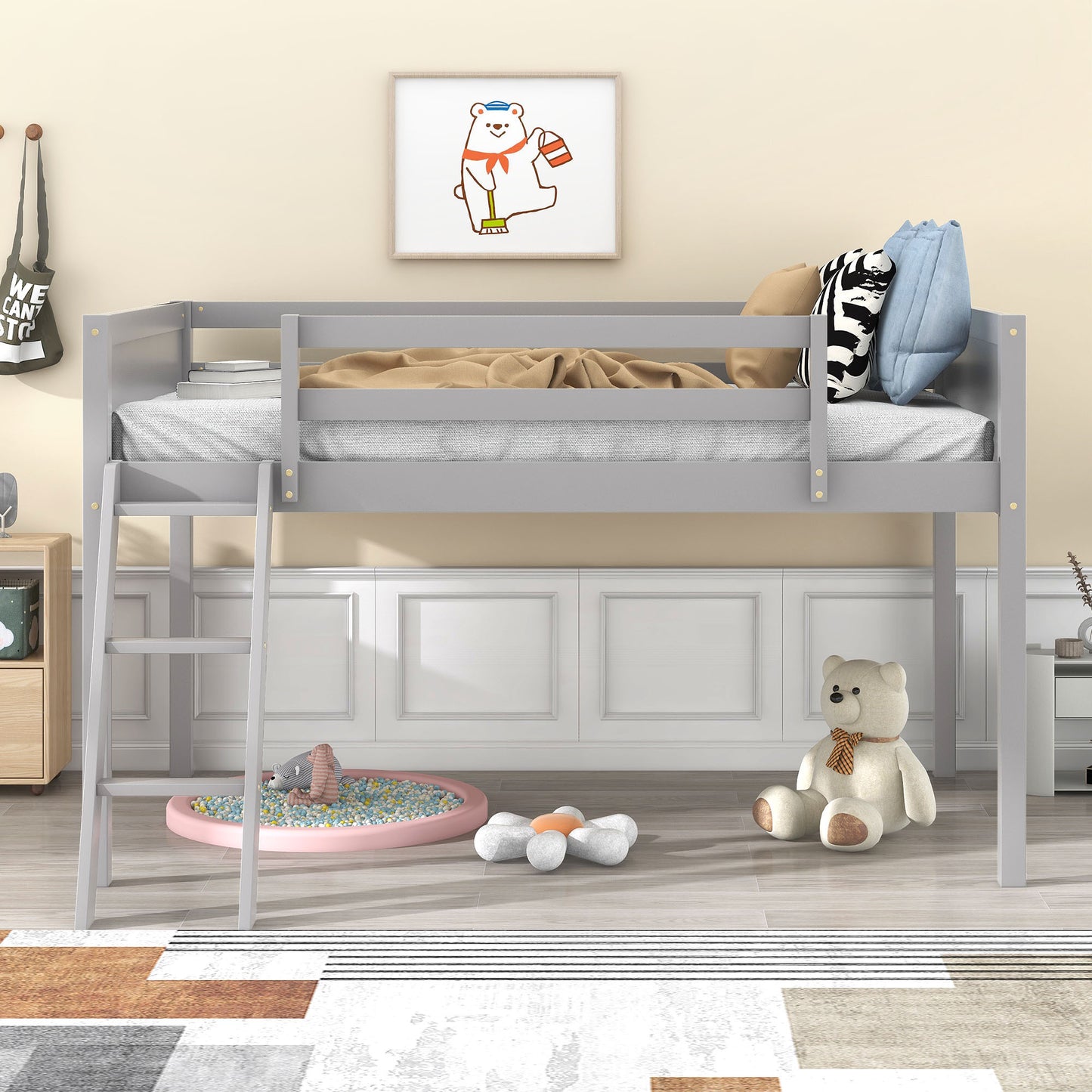 Twin Size Wood Low Loft Bed with Ladder, ladder can be placed on the left or right, Gray - SolidRoot Buy Furniture USA