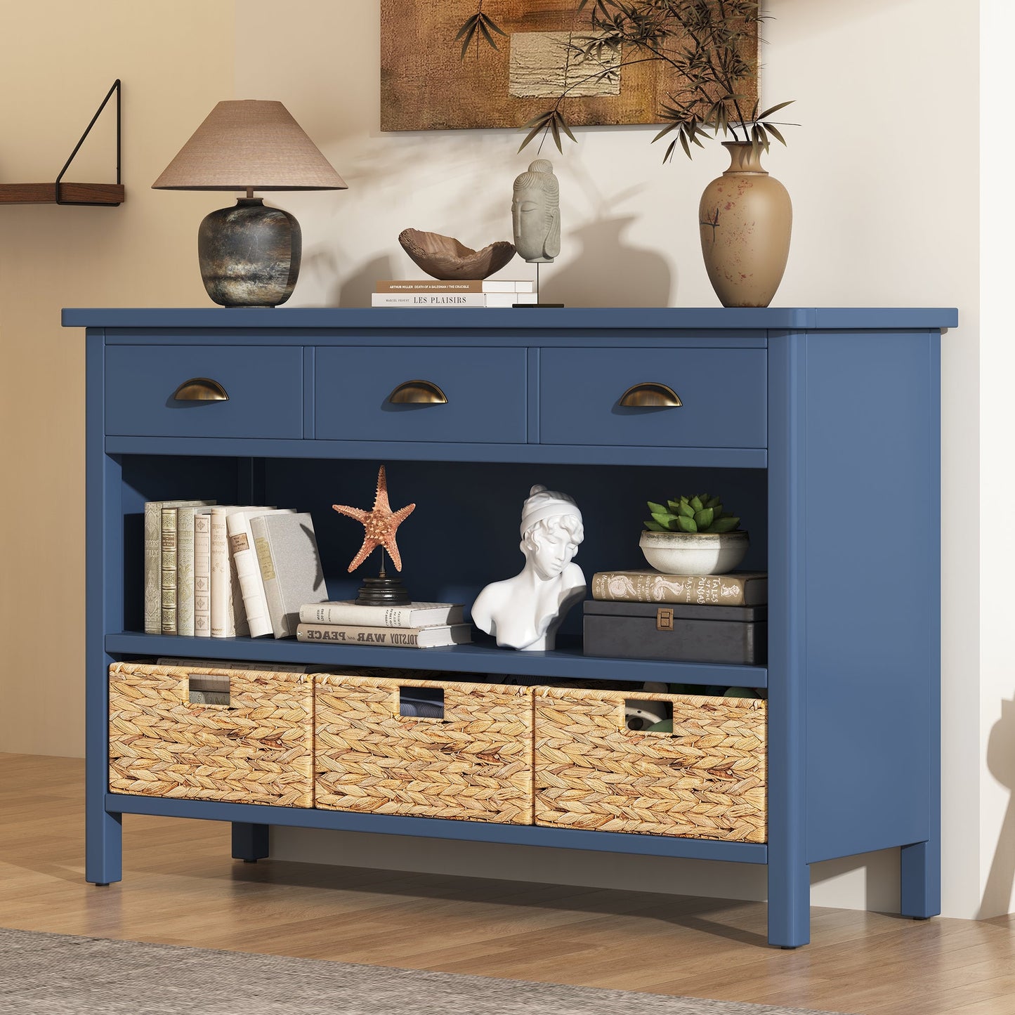 TREXM Retro Console Table with 3 Storage Drawers, Entryway Table with 3 Water Hyacinth Woven Baskets,Wooden Accent Sofa Table Buffet Cabinet for Entryway, Hallway and Living Room (Navy) SolidRoot Buy Furniture USA