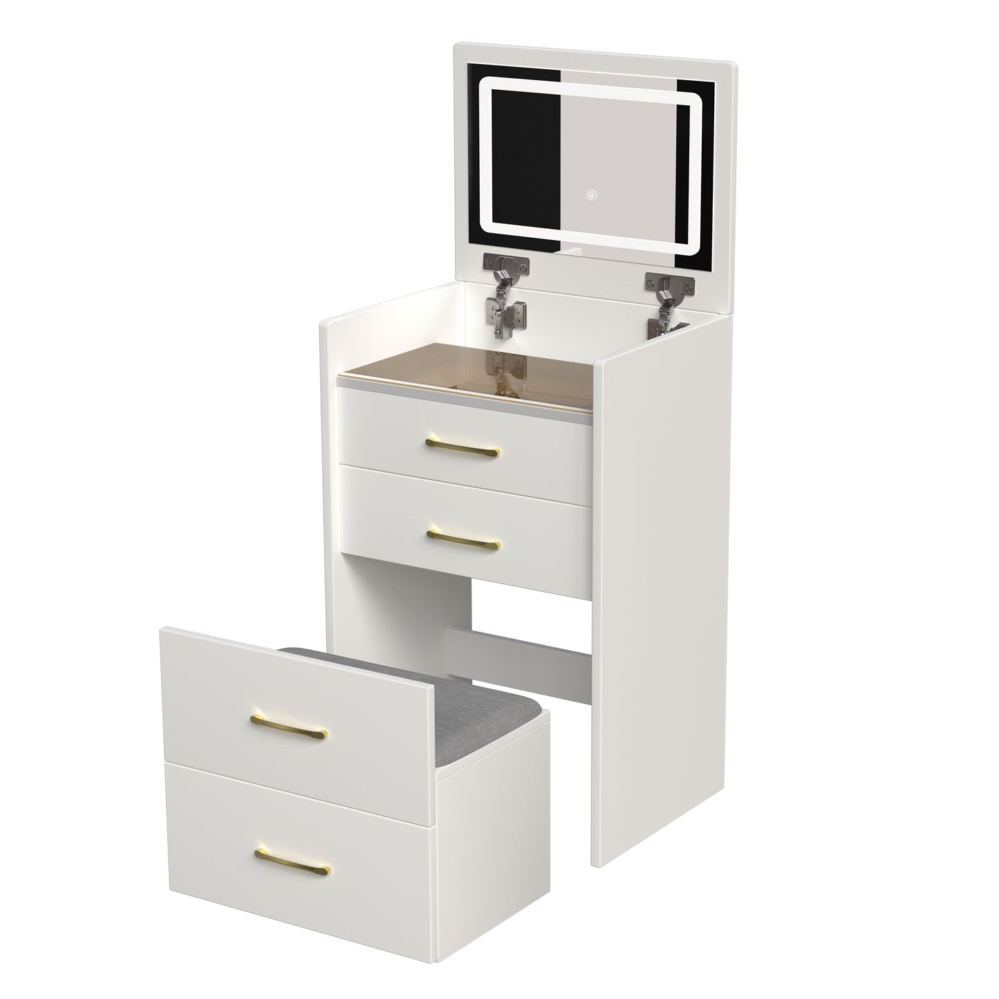 Compact 3 in 1 Vanity Desk with Open Top Mirror, Glass Desktop, White MDF, 50.39' Height SolidRoot Buy Furniture USA