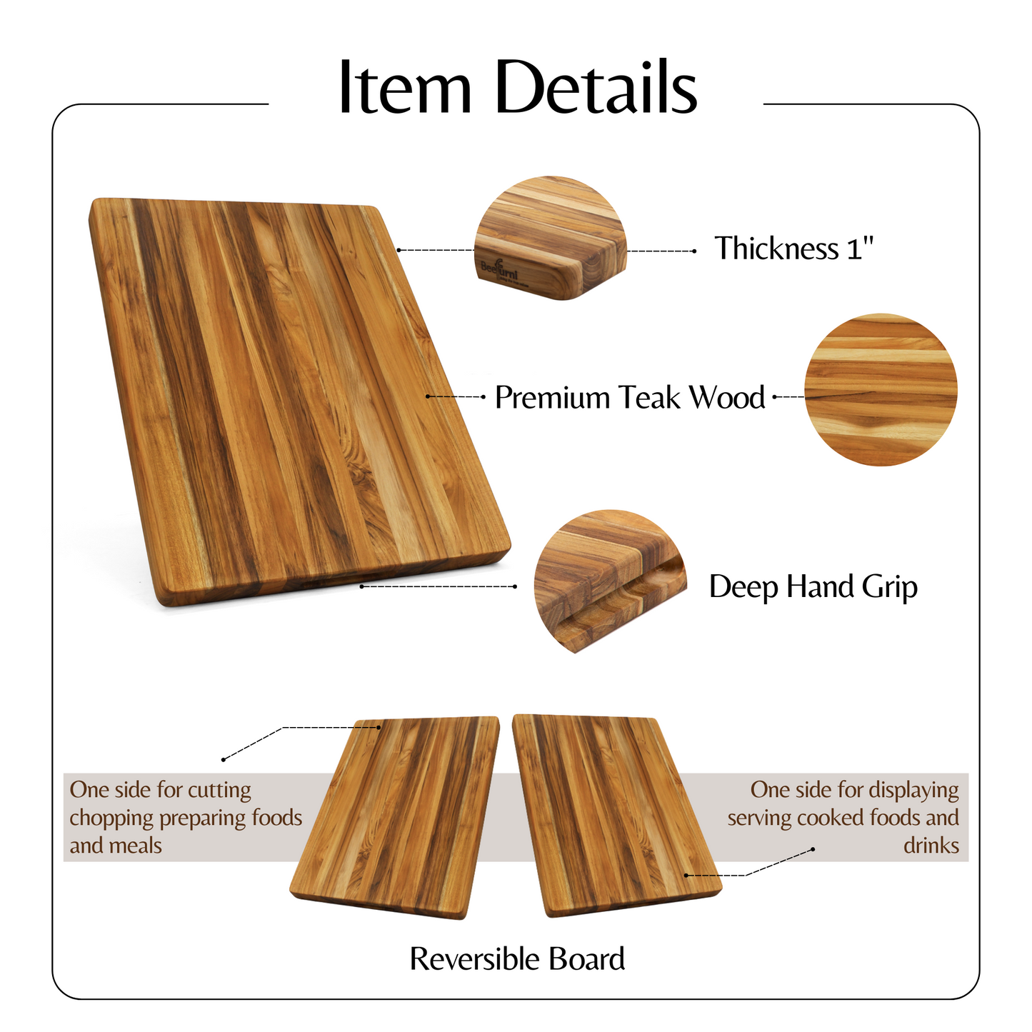 Teak Cutting Board Reversible Chopping Serving Board Multipurpose Food Safe Thick Board, Medium Size 18x14x1 inches - SolidRoot Buy Furniture USA