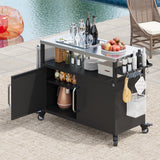 K&K 54.5' Outdoor Kitchen Island with Stainless Steel Tabletop, Metal Grill Cart Table with Storage Cabinet, Spice Rack and Towel Rack, Outdoor Bar Cart with 4 Lockable Wheels for Outside BBQ SolidRoot Buy Furniture USA