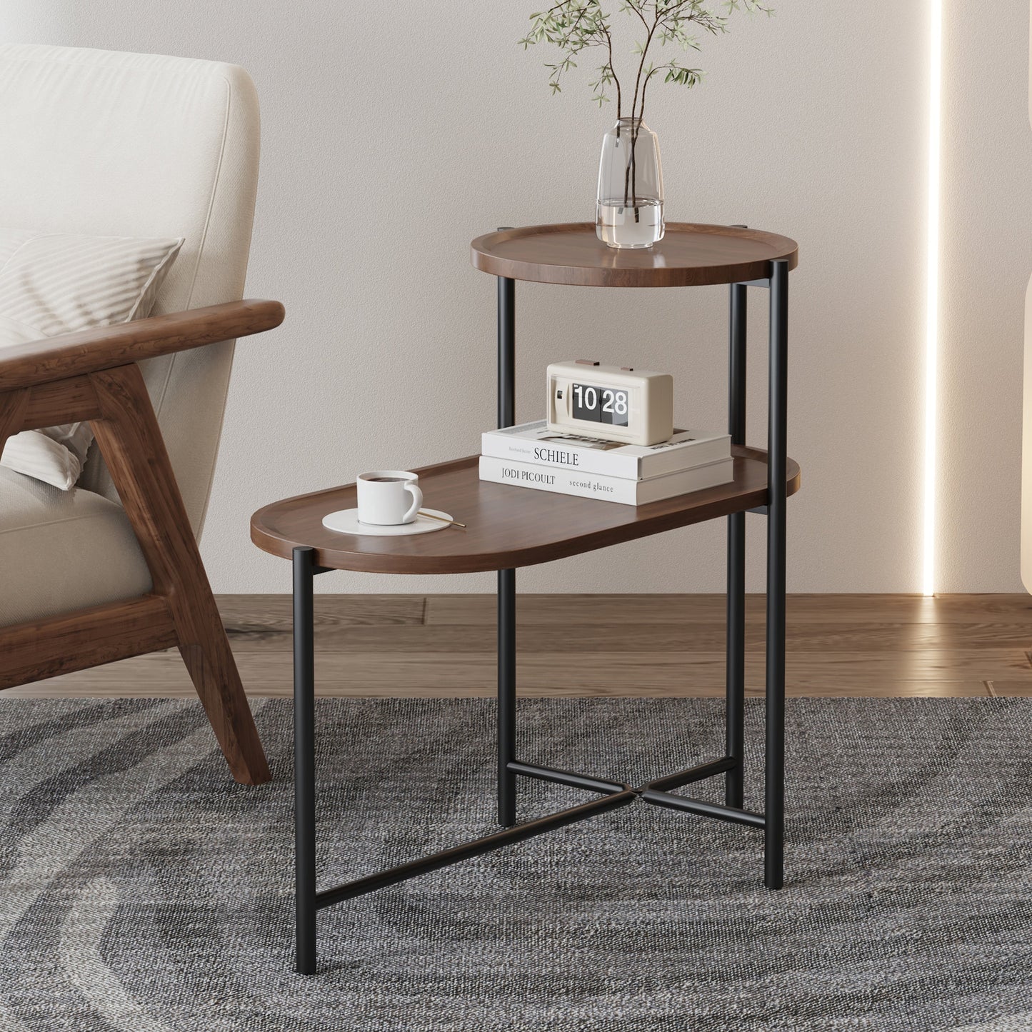 Small Coffee Tables 2-tier Modern Sofa Side Table with Wood Storage Shelf Living Room End Tables Nightstands (Walnut Brown) Livingsource