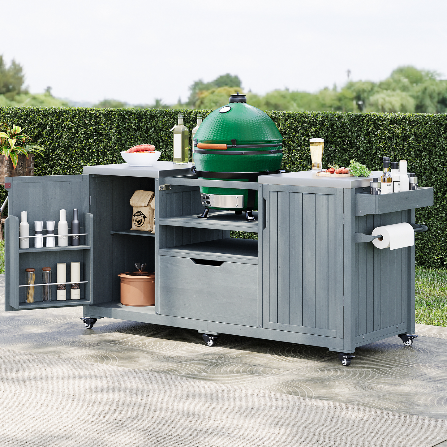 K&K 66.5' Outdoor Kitchen Island for Big Green Egg Grills, Solid Wood Outdoor Grill Cart for Tabletop Grill with Stainless Steel Top, Drawer, Compatible with Large Big Green Egg, Kamado Joe- Grey Blue SolidRoot Buy Furniture USA