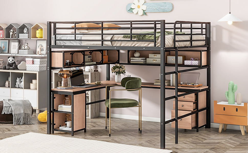Metal Loft Bed with bookcase, desk and cabinet, Full, Black - SolidRoot Buy Furniture USA