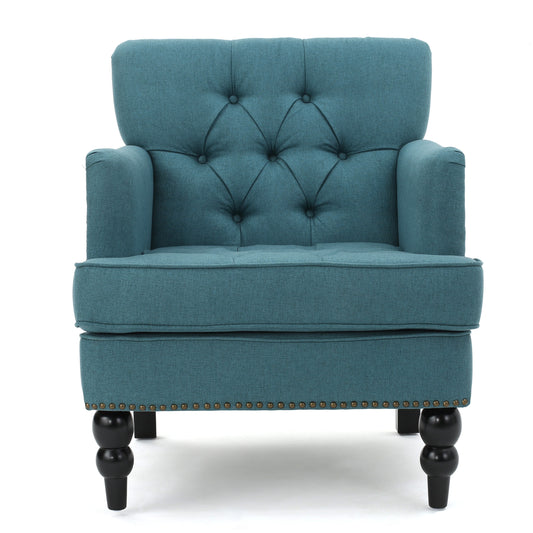 Harrison Tufted Club Chair with Plush Cushion and Studded Trim in Dark Teal Linen, 28 x 31.75 x 35 inches SolidRoot Buy Furniture USA