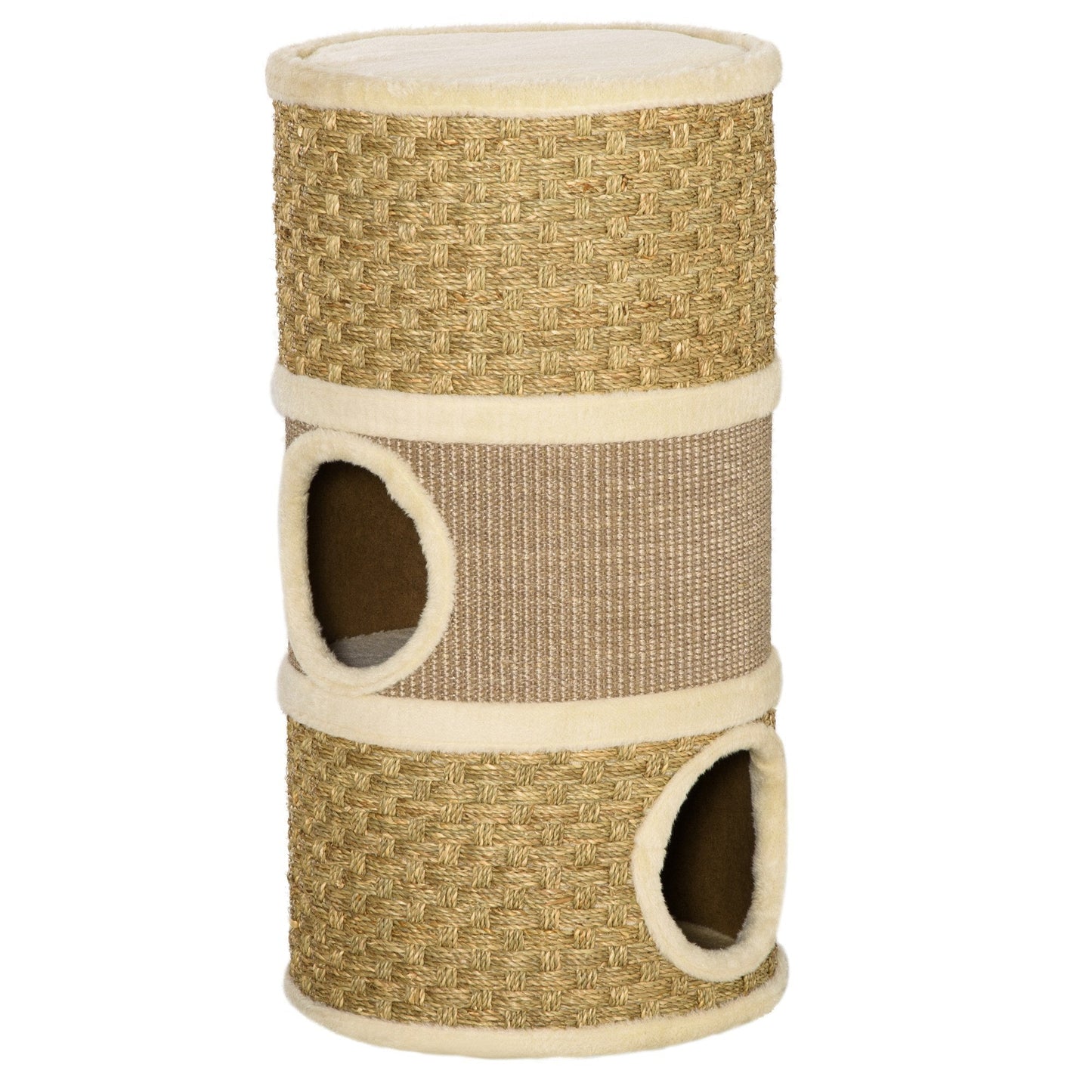 PawHut 28 Inch Cat Condo, 3 Story Cat Hideaway with Sisal Scratching Pad, Barrel Shaped Small Cat Tree for Indoor Cats, Khaki and Brown SolidRoot Buy Furniture USA