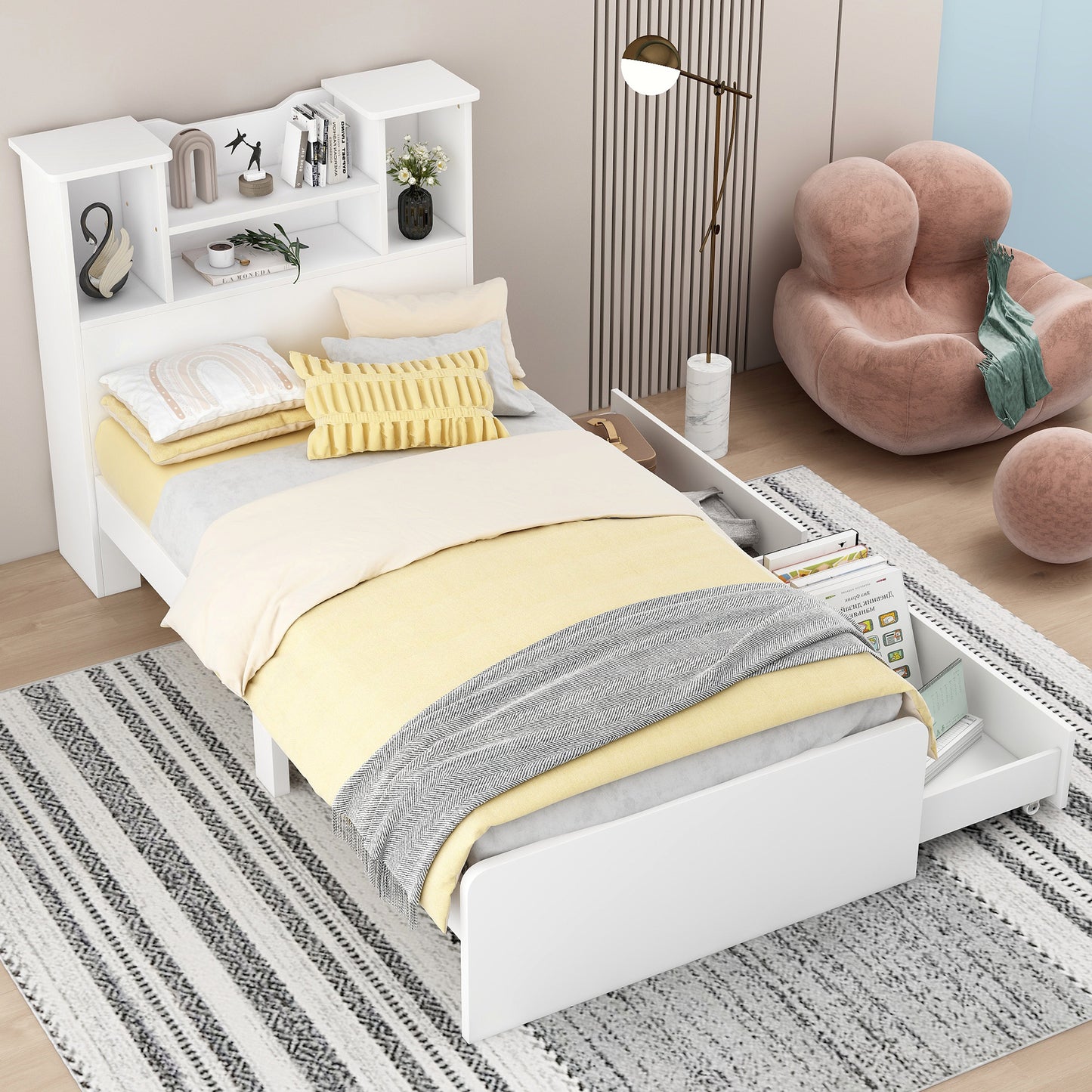 Twin Size Storage Platform Bed Frame with 4 Open Storage Shelves and 2 Storage Drawers,LED Light,White - SolidRoot Buy Furniture USA
