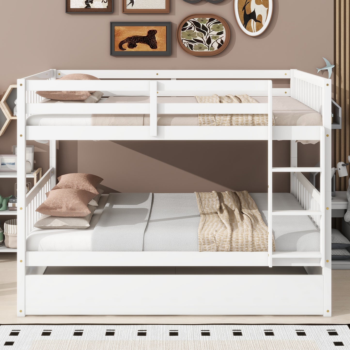 Full Over Full Rubber Wood Bunk Bed with Trundle, Ladder and Guardrails, Convertible to 2 Full Size Beds, with Twin Size Trundle,White SolidRoot Buy Furniture USA