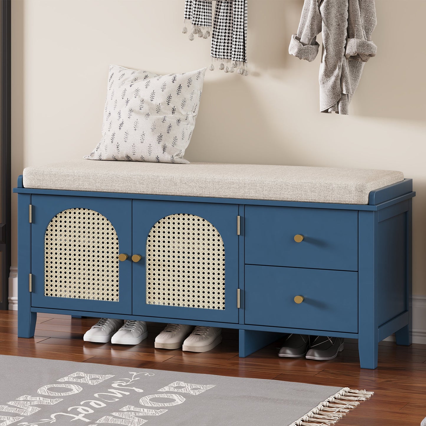 TREXM Shoe Storage Bench, Vintage Shoe Bench with Storage and Cushion, Shoe Bench with 2 Drawers and 2 Rattan Door for Entryway, Bedroom, Living Room, Navy SolidRoot Buy Furniture USA