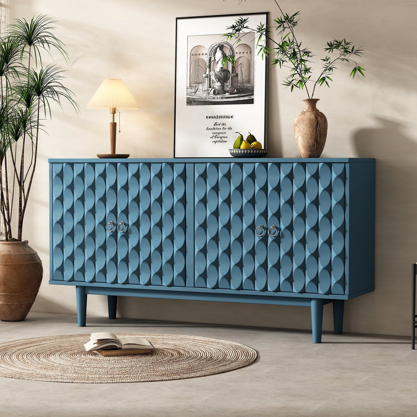 TREXM Modern 4-door Sideboard with Convex Pattern Doors and 2 Silver Handle for Living Room, Dining Room, Kitchen (Navy) SolidRoot Buy Furniture USA