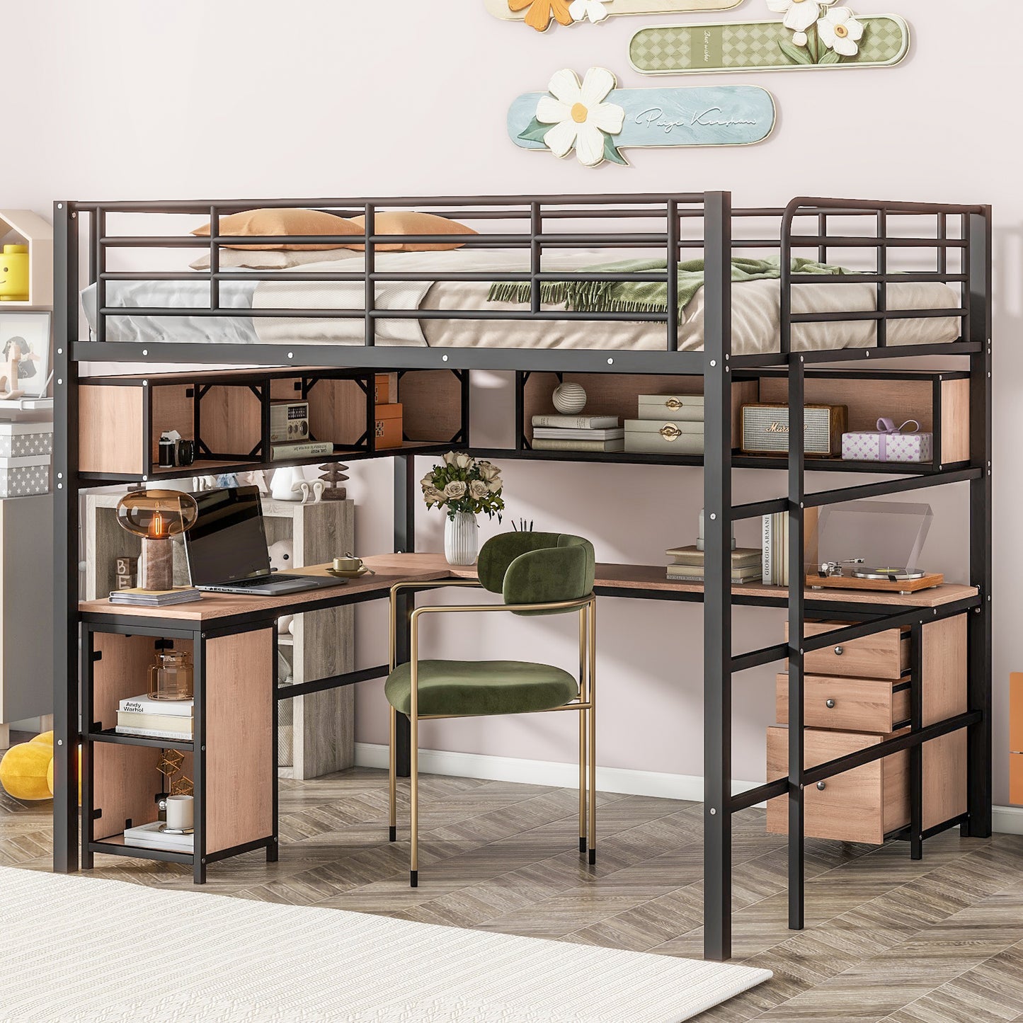 Metal Loft Bed with bookcase, desk and cabinet, Full, Black - SolidRoot Buy Furniture USA