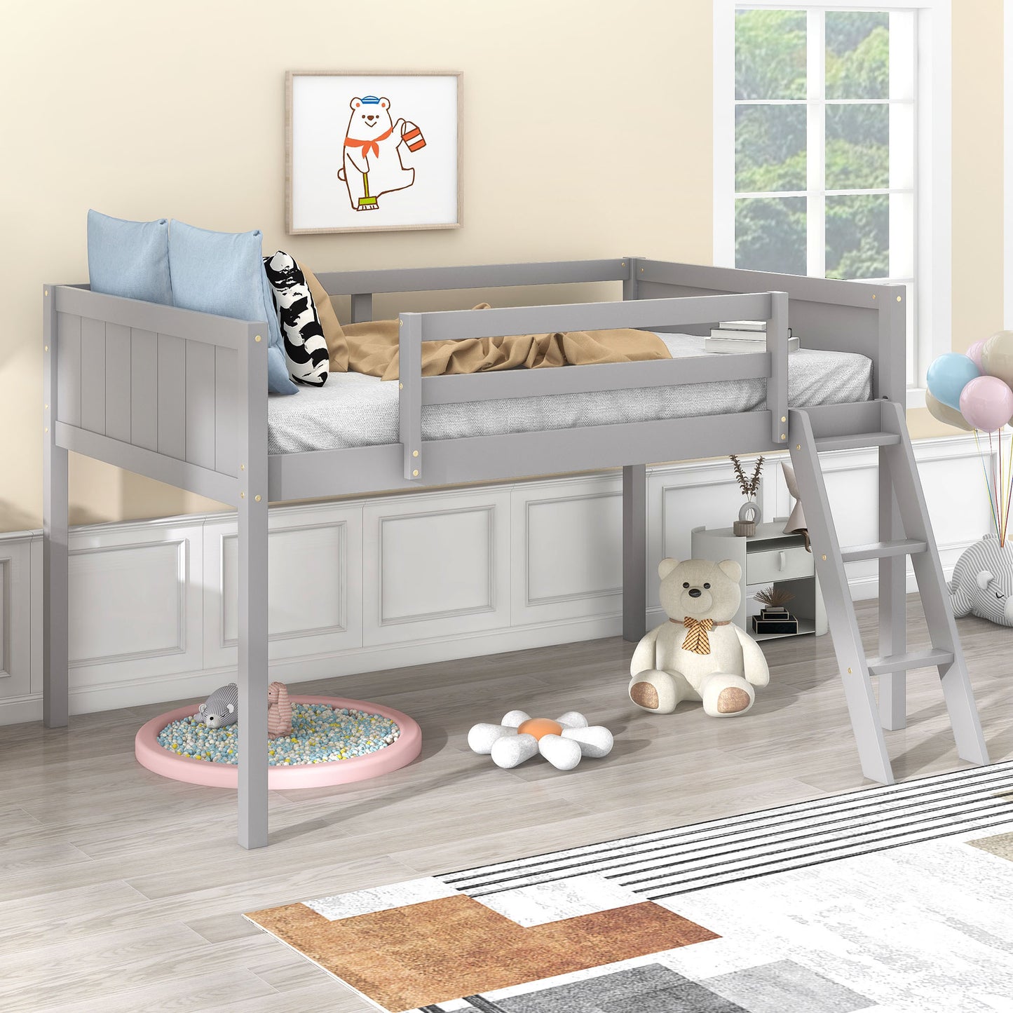 Twin Size Wood Low Loft Bed with Ladder, ladder can be placed on the left or right, Gray - SolidRoot Buy Furniture USA