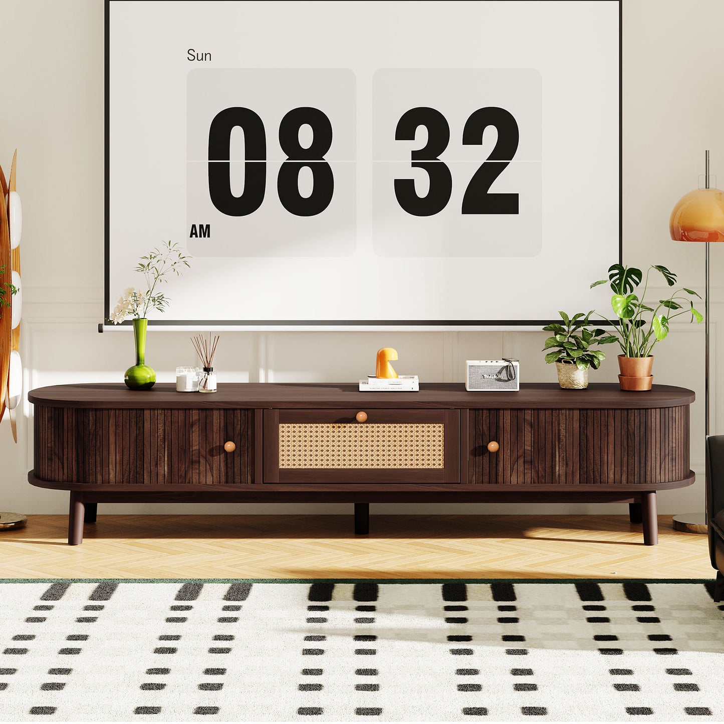 Modern Design TV Stand for 75' TVs, Media Console TV Cabinet with Rattan-Front Drawer for Living Room, 1 Drawer and 2 Sliding-Door Cabinets SolidRoot Buy Furniture USA