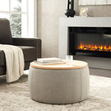 Round Storage Ottoman, 2 in 1 Function, Work as End table and Ottoman, Grey (25.5'x25.5'x14.5') Livingsource
