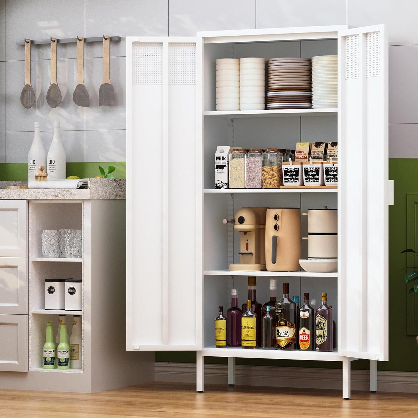 The metal food storage cabinet, 61 inches high, is equipped with adjustable shelves and is suitable for homes and kitchens.(white) SolidRoot Buy Furniture USA