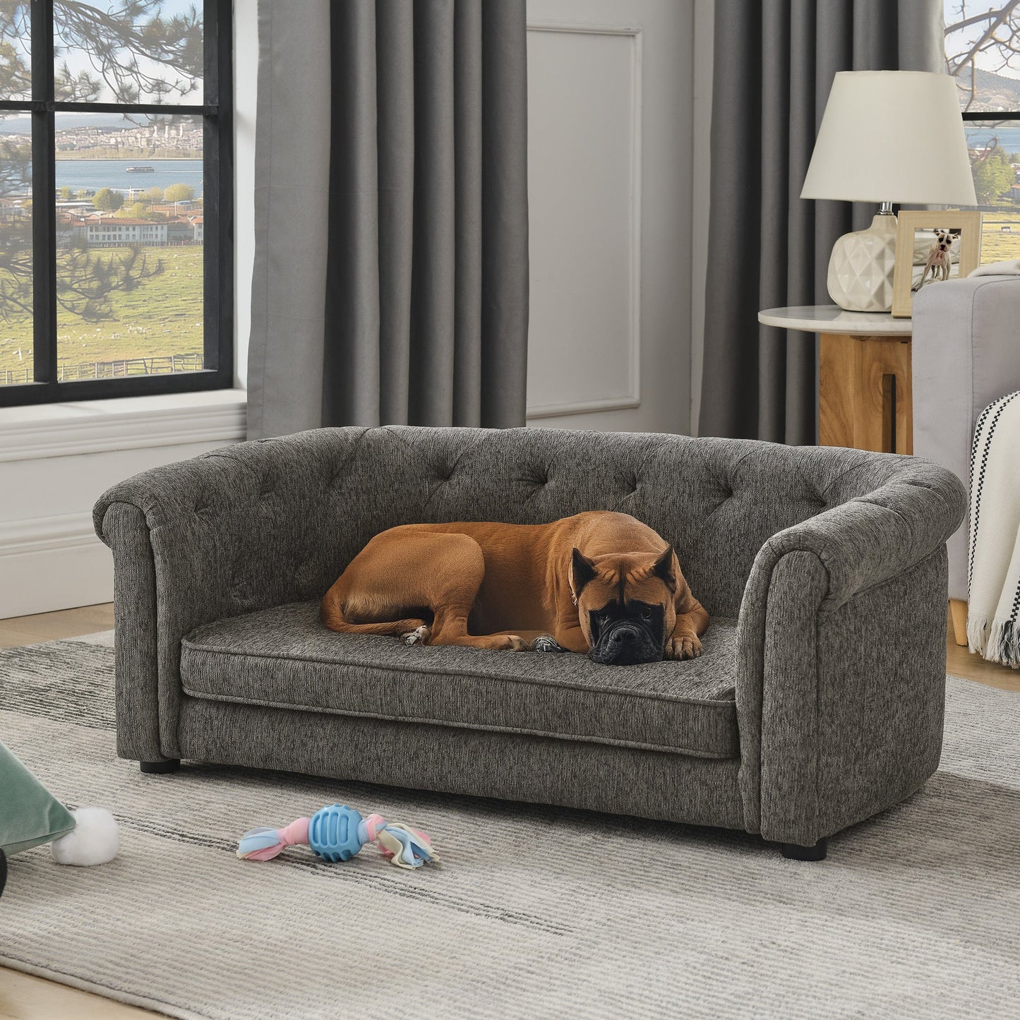 Pet sofa with arc-shaped backrest and armrests, contemporary rectangular pet sofa crafted from breathable linen cozy soft cushion dog sofa --Dark grey SolidRoot Buy Furniture USA