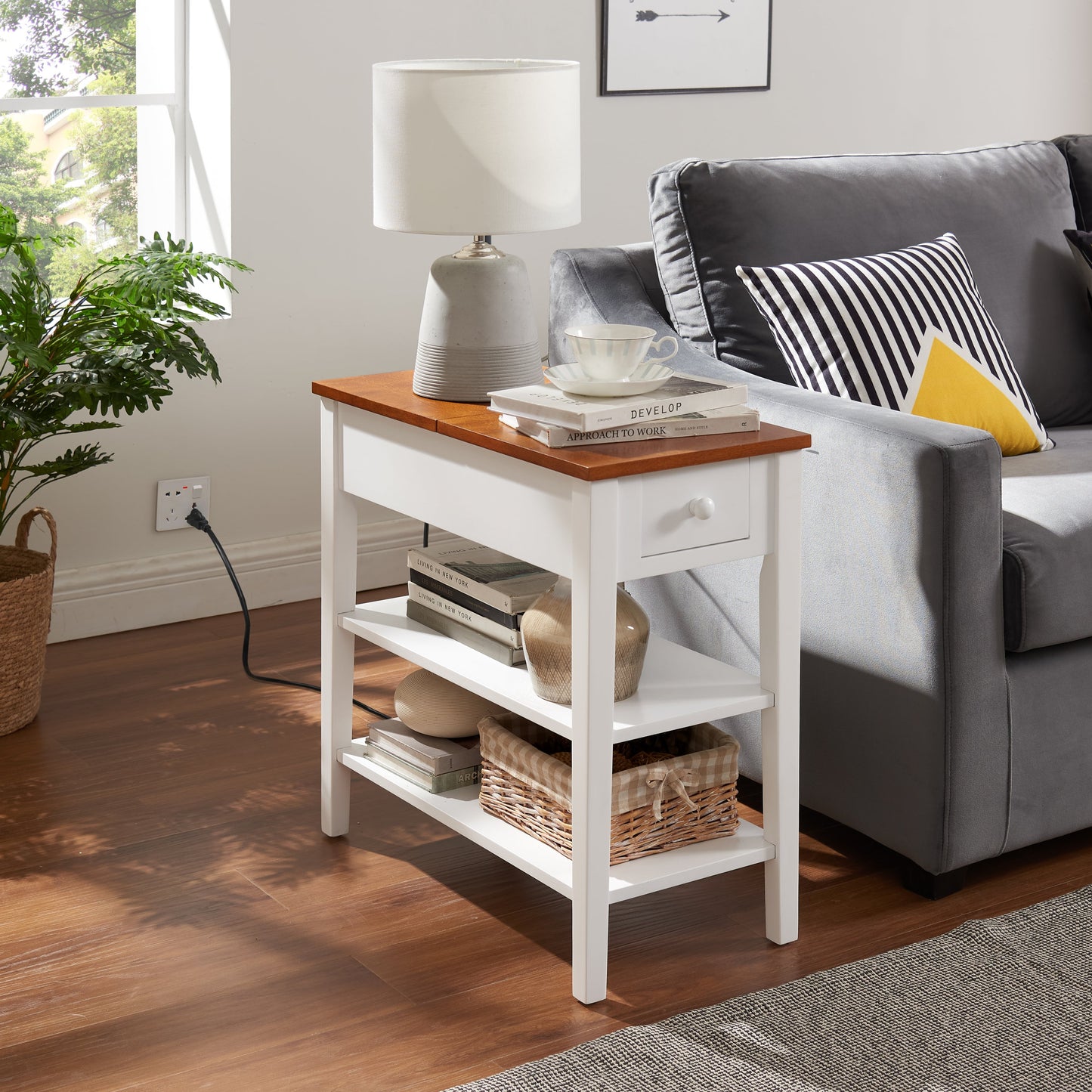 Narrow 2-tone End Table with USB Charging Ports for Small Space, SOLID WOOD Table Legs, White and Walnut, 11.8'W*24'D*24.2'H SolidRoot Buy Furniture USA