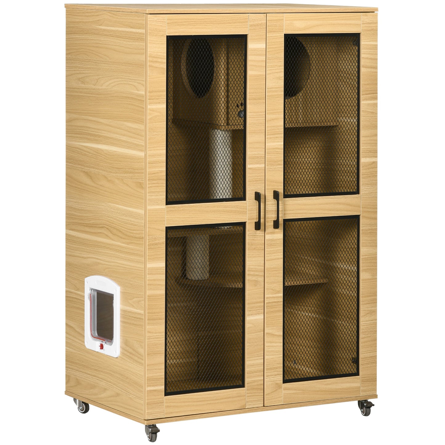 PawHut Luxury Cat House with Wheels, Kitty Cage Catio Villa for Indoor Cats with Scratching Posts, Condo, Flap Door, Cushion, Oak, 31.5' x 20' x 48.5' SolidRoot Buy Furniture USA
