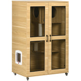 PawHut Luxury Cat House with Wheels, Kitty Cage Catio Villa for Indoor Cats with Scratching Posts, Condo, Flap Door, Cushion, Oak, 31.5' x 20' x 48.5' SolidRoot Buy Furniture USA