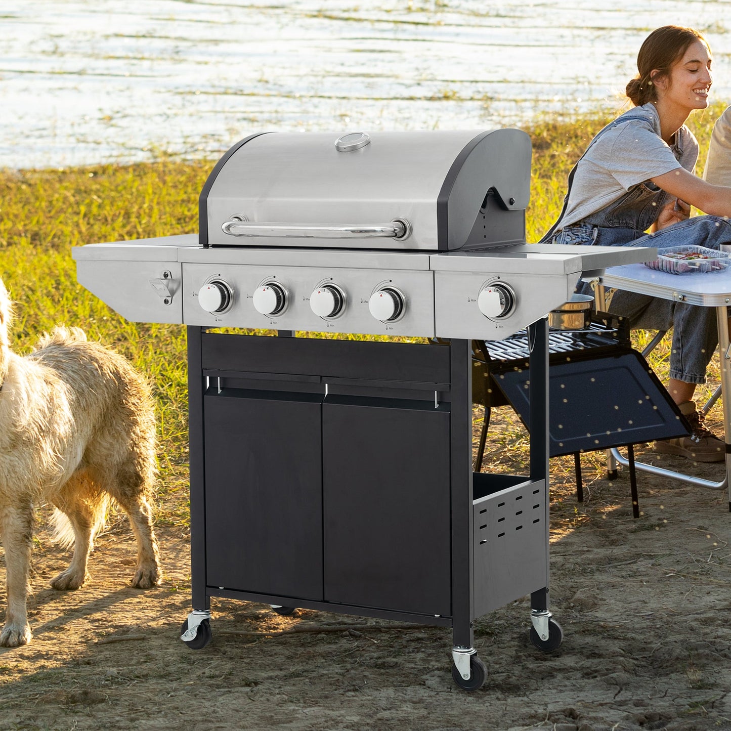Propane Grill 4 Burner Barbecue Grill Stainless Steel Gas Grill with Side Burner, 46,500 BTU Outdoor Cooking, Patio, Garden Barbecue Grill, Black and Silver SolidRoot Buy Furniture USA