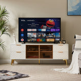 Deluxe Sculpted Modern Fashion Geometric Style TV Stand, Aluminum Frame Tempered Glass Door 4 Drawer Chest with Adjustable Metal Feet ,White,59.9'L x 15.7'W x 21.7'H SolidRoot Buy Furniture USA