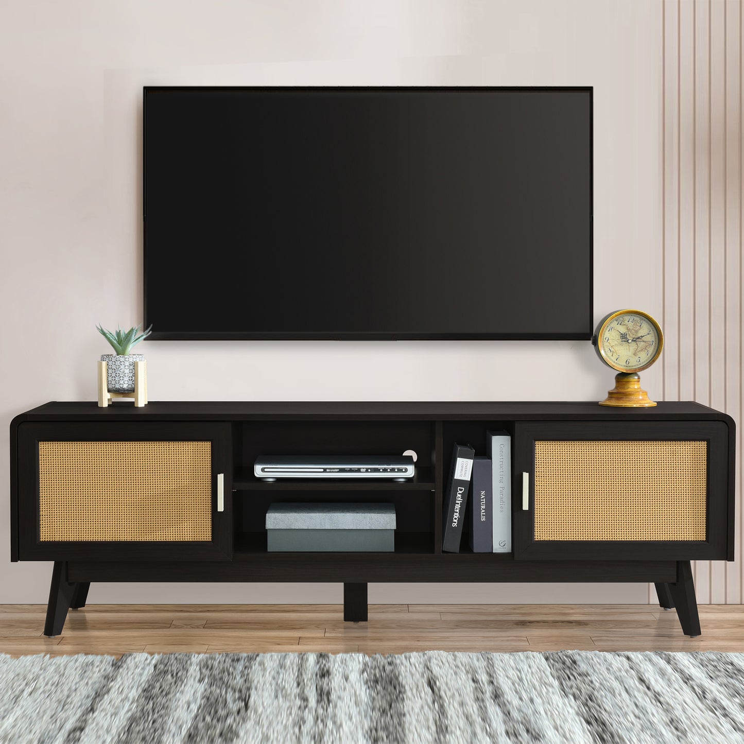 63'' Dark Rattan TV Stand with 2 Storage Cabinets for 65 Inch TV, Entertainment Center with Solid Wood Legs, Media Console Table for Living Room, Bedroom
