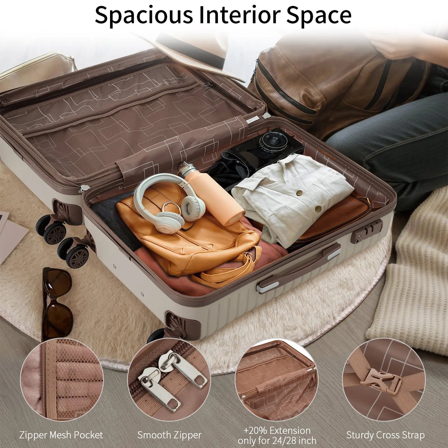Luggage Sets 3 Piece Carry on Luggage 22x14x9 Airline Approved, Lightweight Hardshell ABS Suitcases with Wheels, 20 inch, Khaki - SolidRoot Buy Furniture USA