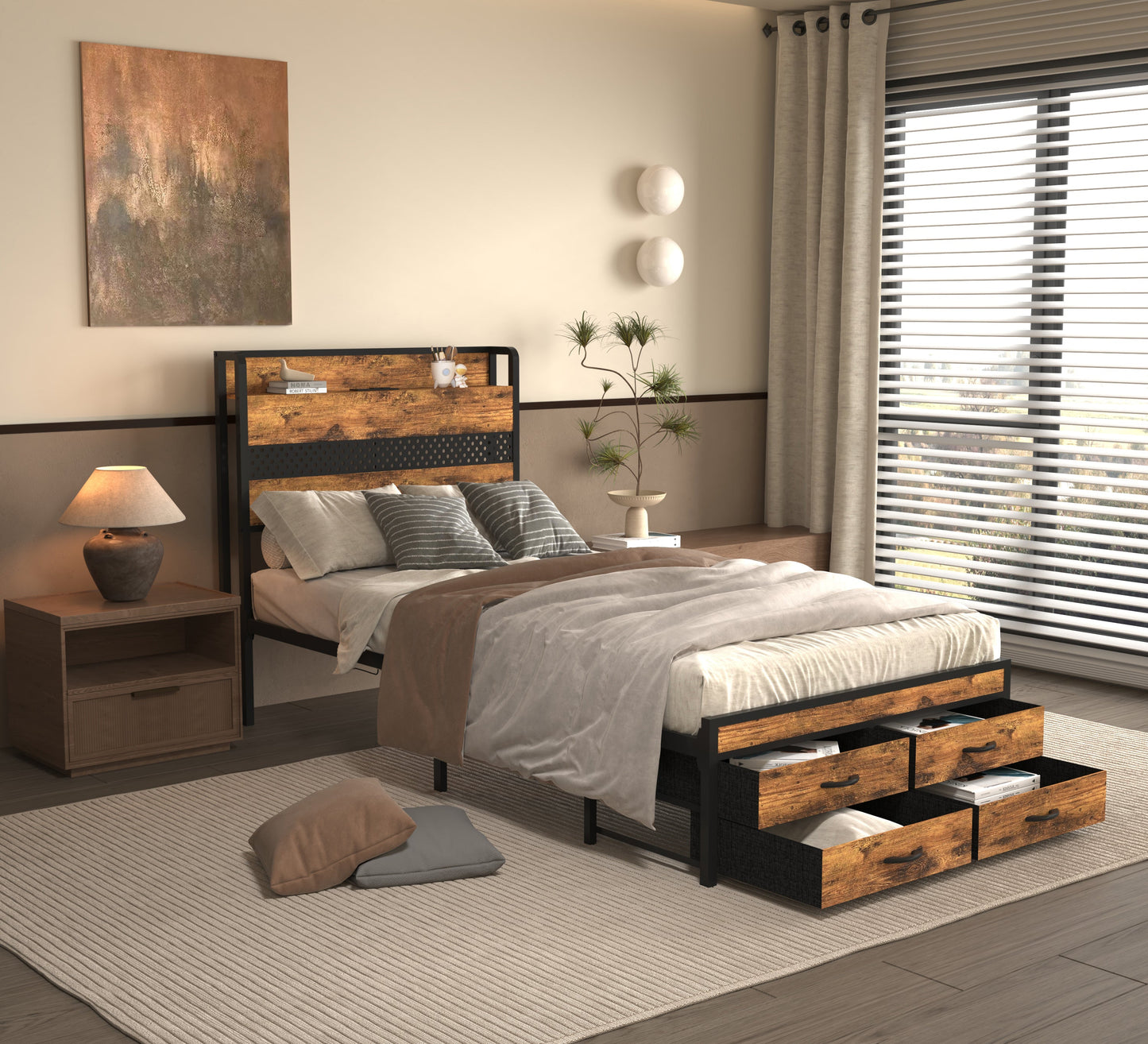 Twin Bed Frames with Headboard, Twin Size Bed Frames with Storage Drawers, Twin Bed, Black Metal Platform Bed Frame, Single Bed Frame, No Box Spring Needed SolidRoot Buy Furniture USA