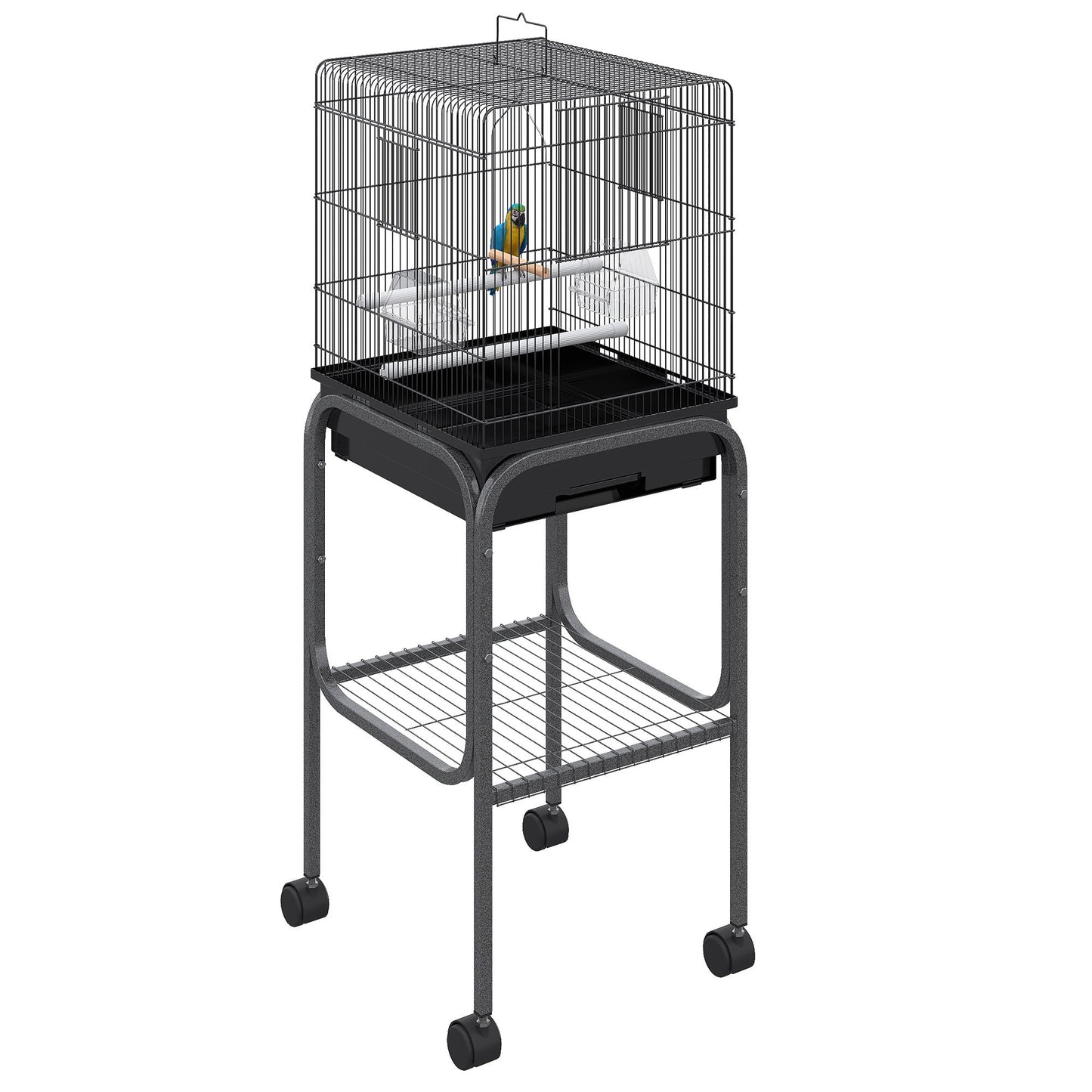 Pawhut 45-inch Metal Indoor Bird Cage, Parrot Cage, Bird Aviary with Detachable Rolling Stand, Storage Basket, and Accessories - Black SolidRoot Buy Furniture USA