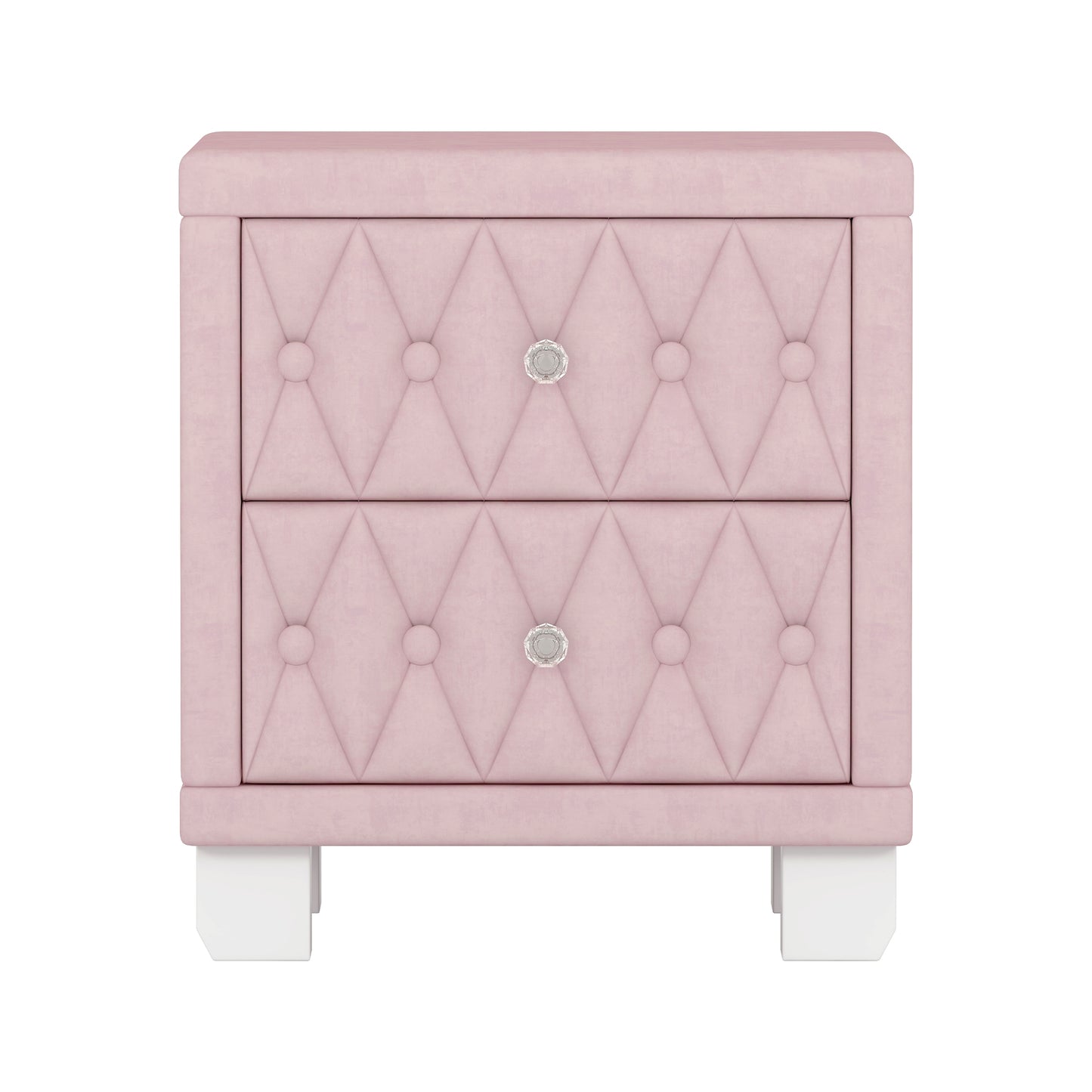 Elegant Velvet Nightstand with 2 Drawers and Crystal Handle, Storage Bedside Table with Button-Tufted, Pink