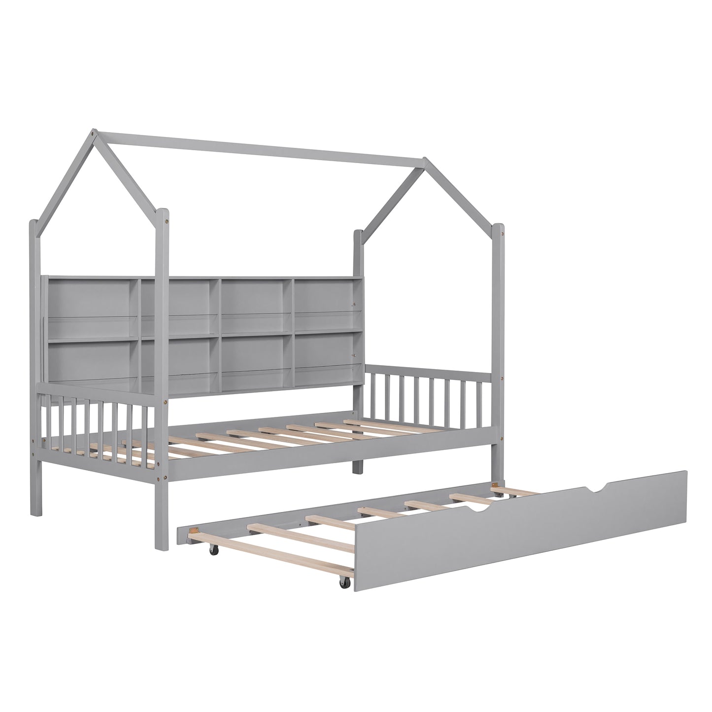 Wooden Twin Size House Bed with Trundle,Kids Bed with Shelf, Gray