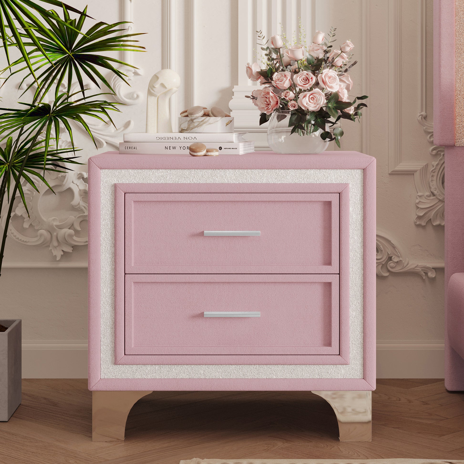 Mid Century Vintage Nightstand with Silver Glitter Strip Decor and Metal Legs, Velvet Bedside Table with 2 Drawers, Fully Assembled Except Legs and Handles, Pink SolidRoot Buy Furniture USA