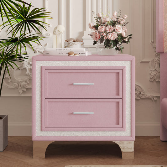 Mid Century Vintage Nightstand with Silver Glitter Strip Decor and Metal Legs, Velvet Bedside Table with 2 Drawers, Fully Assembled Except Legs and Handles, Pink SolidRoot Buy Furniture USA