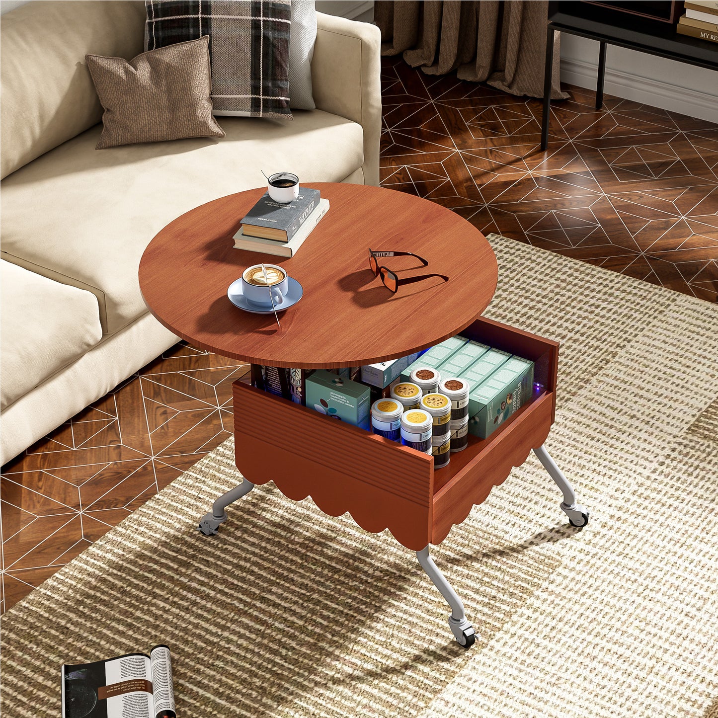 Round Lift-Top Coffee Table with Wheels, Metal Frame and Multi-Color Lighting in 27.6"