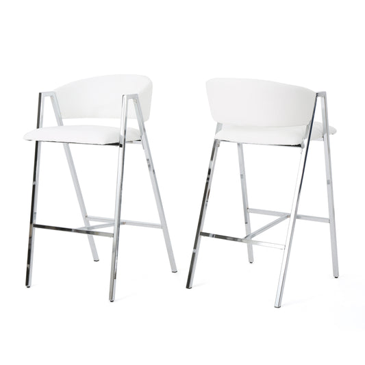 Modern Bar Stools Set of 2 with Low Back and Arms in Ivory PU Upholstery and Durable Metal Frame SolidRoot Buy Furniture USA