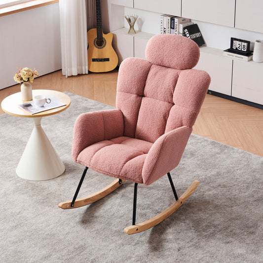 055-Teddy Fabric Upholstered Nursery Rocking Glider Chair Modern Accent Armchair Padded Seat with High Backrest and Pillow for Living Room Bedroom (Pink) SolidRoot Buy Furniture USA