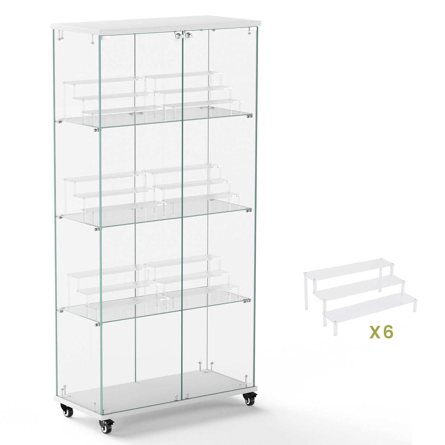 4 Tier Glass Display Cabinet, Double Door Glass Cabinet with Two Locks, Floor Standing Storage Cabinet with 6 Acrylic Shelves for Living Room, Bedroom and Office, White, 31.5"L x 14.2"W x 65.1"H