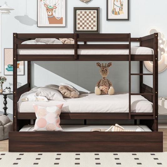 Full Over Full Rubber Wood Bunk Bed with Trundle, Ladder and Guardrails, Convertible to 2 Full Size Beds, with Twin Size Trundle ,Espresso SolidRoot Buy Furniture USA