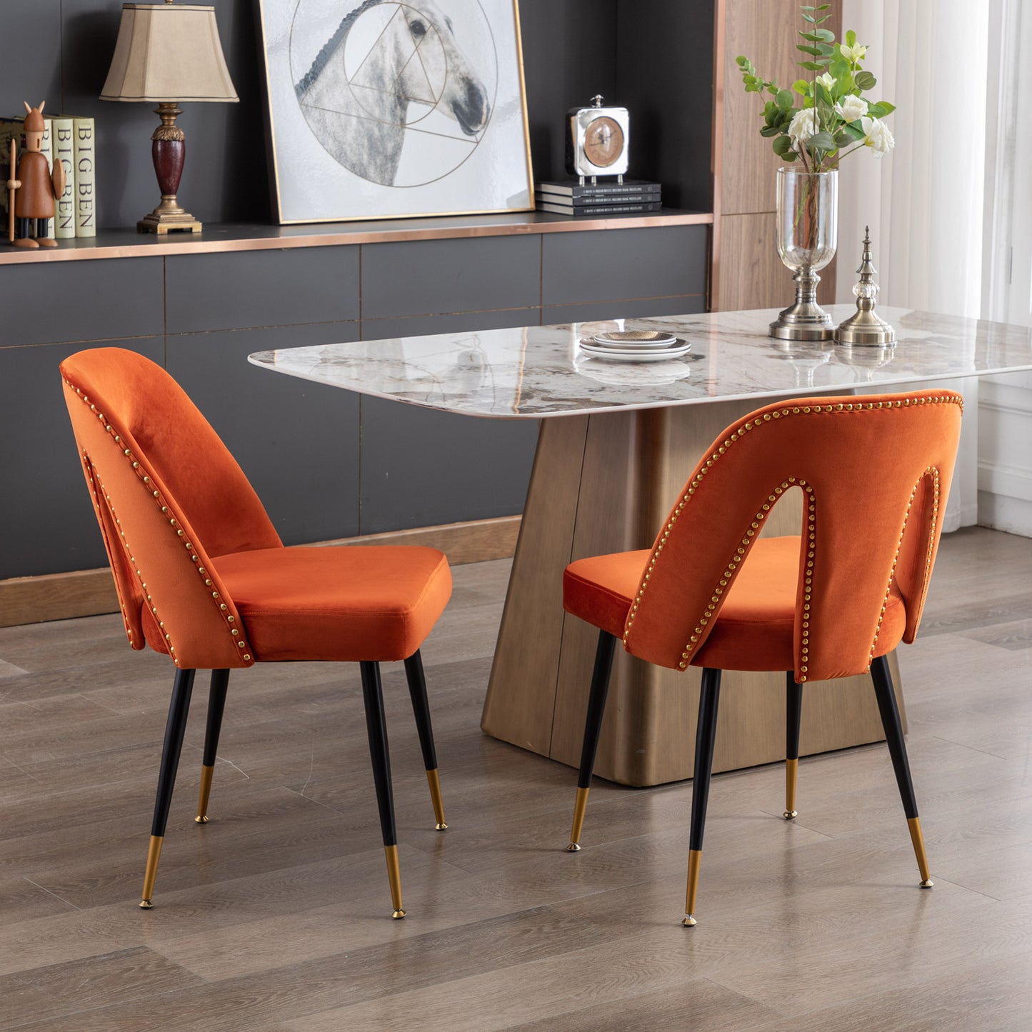 A&A Furniture,Akoya Collection Modern | Contemporary Velvet Upholstered Dining Chair with Nailheads and Gold Tipped Black Metal Legs, Orange，Set of 2