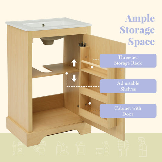 20" Bathroom Vanity with Sink, Bathroom Cabinet with Soft Closing Door, Storage Rack and Adjustable Shelve, Natural Wood Livingsource