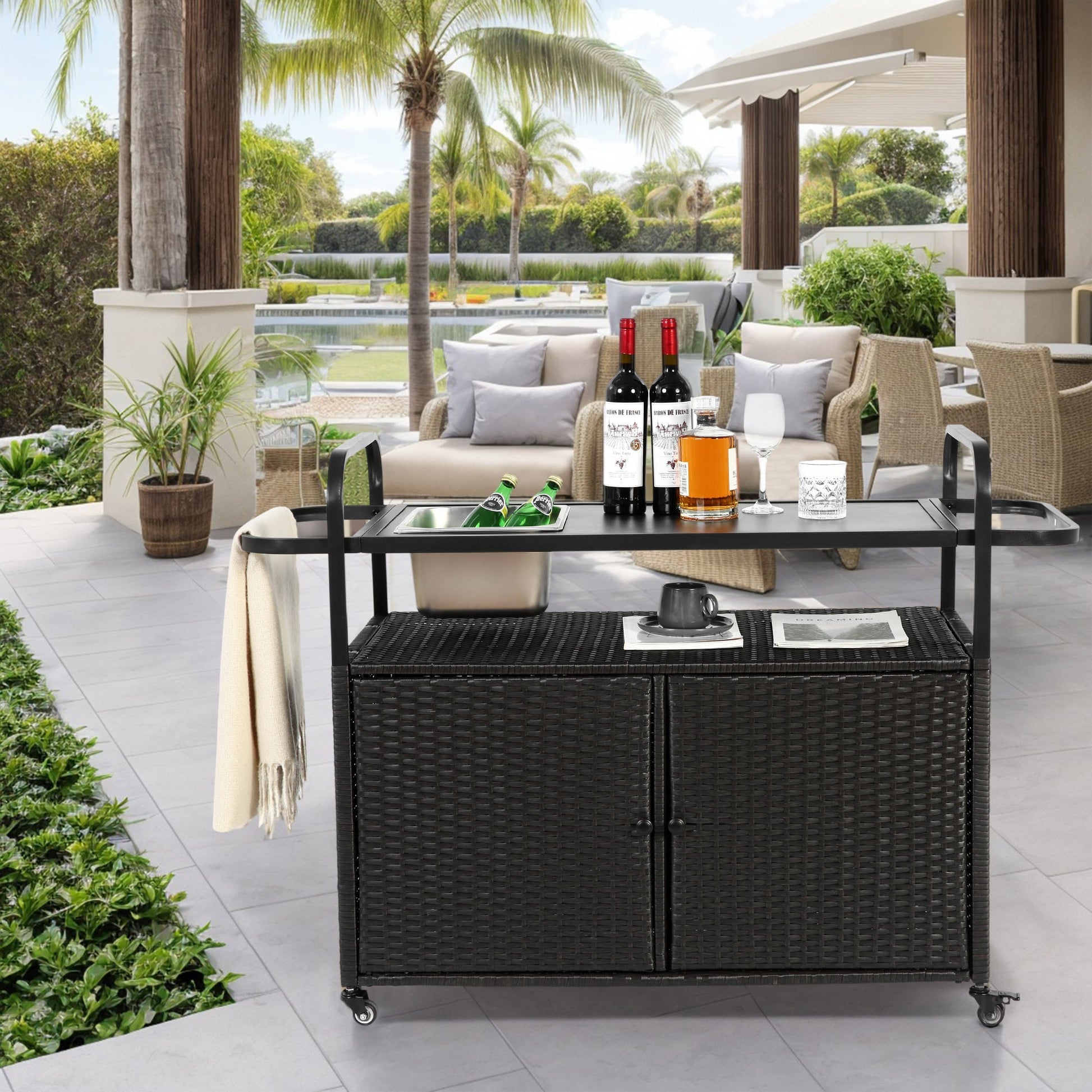 Outdoor Bar Table, Wicker Bar Cart with Cabinet, Patio Serving Cart with steel Top, with one ice bucket,Lockable Wheels, Side Basket for Garden, Poolside & Backyard, Black SolidRoot Buy Furniture USA