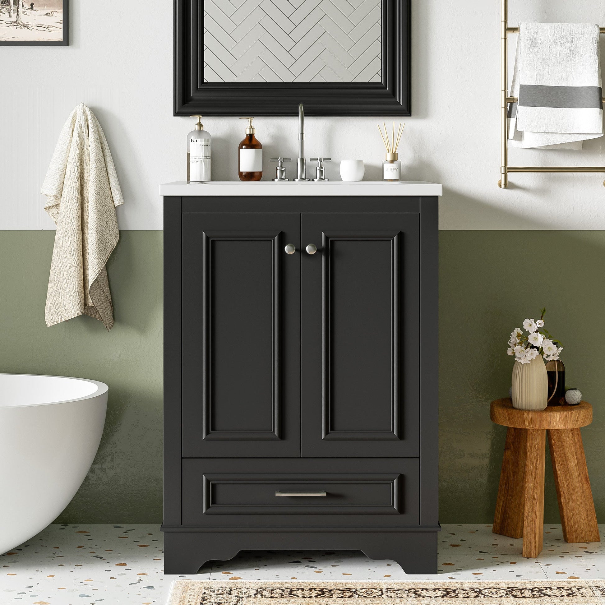 24'' Bathroom Vanity with Ceramic Sink Combo, Modern Freestanding Storage Cabinet  with Silver Handles,  Soft Closing Doors SolidRoot Buy Furniture USA