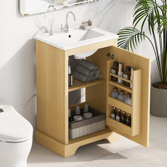20" Bathroom Vanity with Sink, Bathroom Cabinet with Soft Closing Door, Storage Rack and Adjustable Shelve, Natural Wood Livingsource