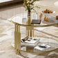 Modern Glass Coffee Table in 31.5", Asymmetrical Metal, Circular Metal Drum Base, Gold Finish & Lower Shelf Livingsource