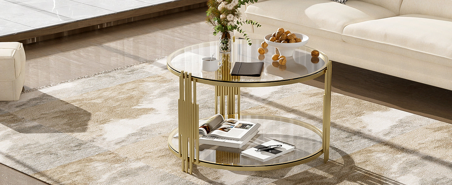 Modern Glass Coffee Table in 31.5", Asymmetrical Metal, Circular Metal Drum Base, Gold Finish & Lower Shelf