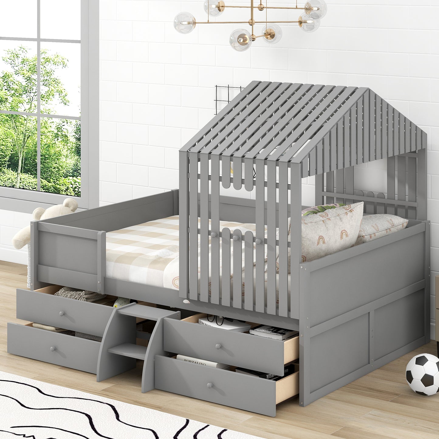 Full Size House Low Loft Bed with Four Drawers,Gray