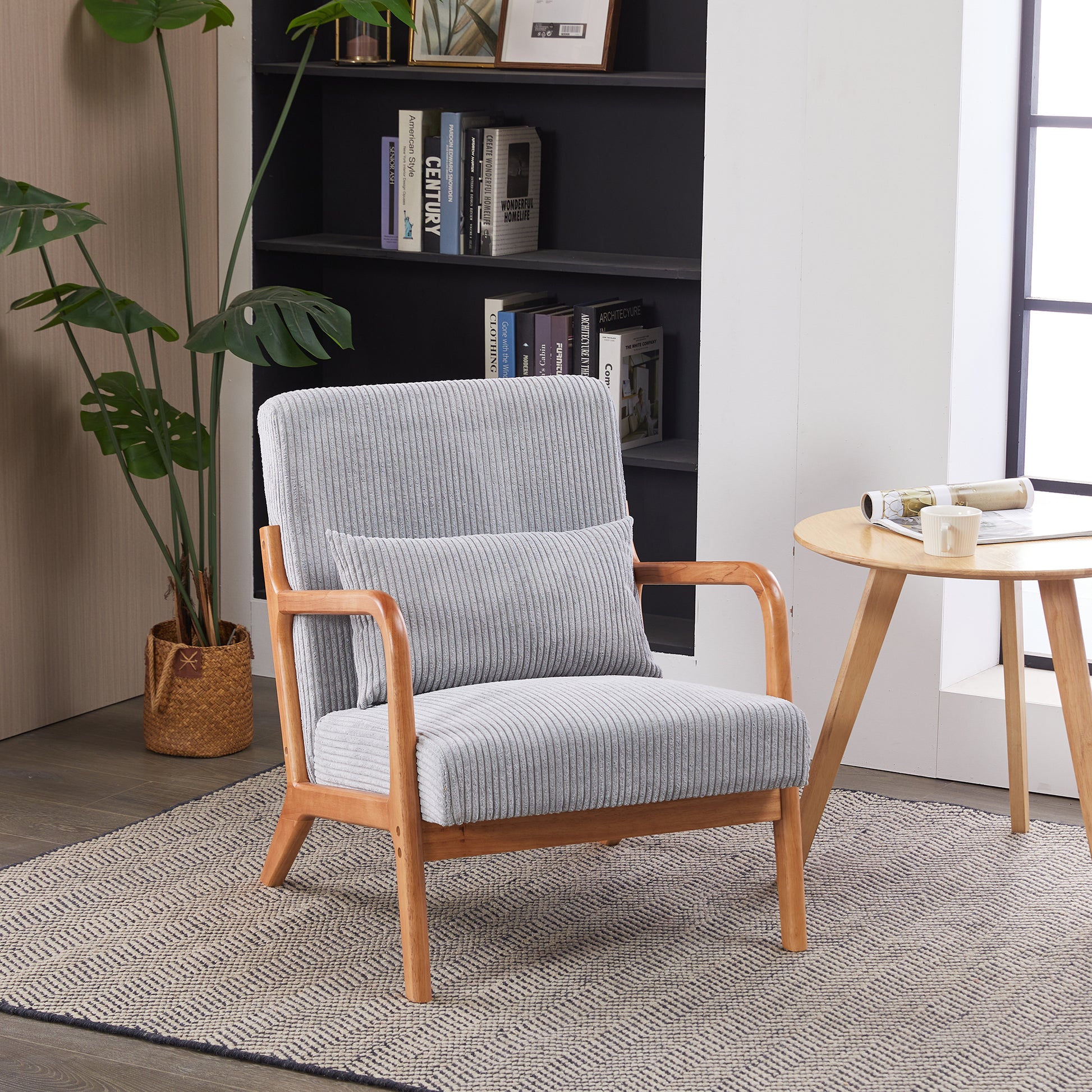 Mid-Century Modern Accent Chair, Arm Chair Living Room Chairs with Pillow Upholstered Reading Chair with Solid Wood Frame &  Living Room Bedroom Balcony (Antique Dark Grey) SolidRoot Buy Furniture USA