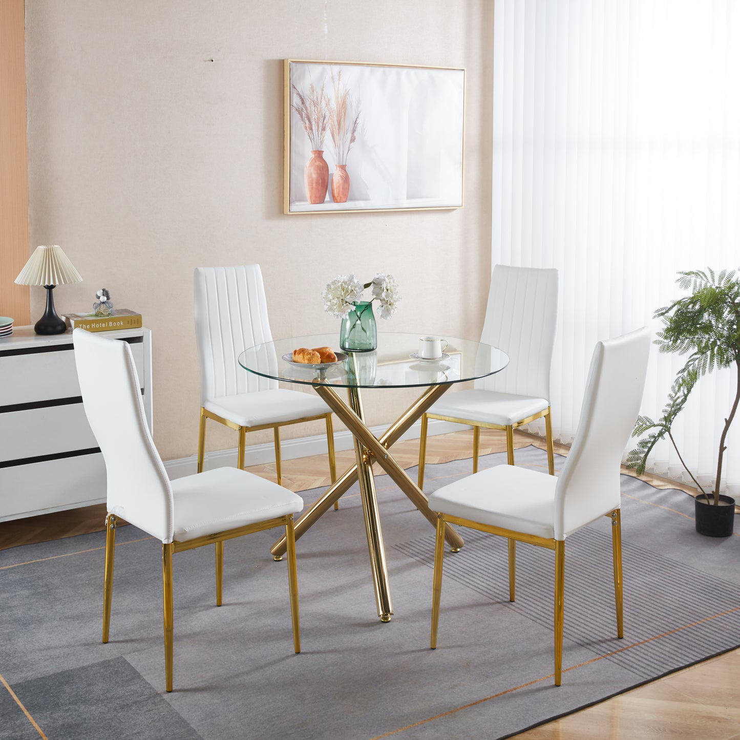 1+4,5pieces dining set, Table metal leg Mid-century Dining Table for 4-6 people With Glass  Table Top, Pedestal Dining Table, End Table Leisure Coffee Table. SolidRoot Buy Furniture USA