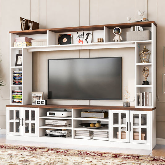 U-Can 95.5' W Wall Unit Entertainment Center with Bookshelves for TVs up to 80', Modern TV Stand Media Console with Cabinets, Tempered Glass Doors and Adjustable Shelves for Living Room SolidRoot Buy Furniture USA
